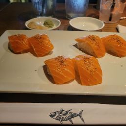 Salmon nigiri. This picture was actually taken at one of the NY locations on a recent trip. Not calabasas location. Salmon nigiri. This picture was actually taken at one of the NY locations on a recent trip. Not calabasas location.
