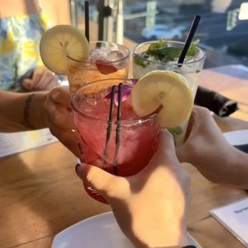 Rooftop - Huckleberry Sunset (front), Cucumber Sour (right), Phusion Drop Spritz (left) - New American Near Me - Walnut Creek, California Rooftop - Huckleberry Sunset (front), Cucumber Sour (right), Phusion Drop Spritz (left) - New American Near Me - Walnut Creek, California