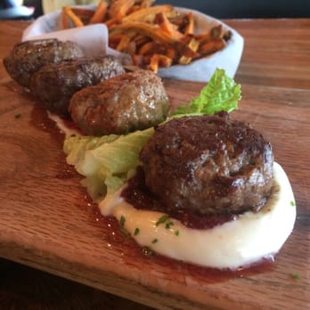 Game - Elk, duck, wagyu, and kangaroo balls! Sweet potatoe fries in duck fat in the back. Can you say "not on the diet!" - Burgers Near Me - Louisville, Kentucky Game - Elk, duck, wagyu, and kangaroo balls! Sweet potatoe fries in duck fat in the back. Can you say "not on the diet!" - Burgers Near Me - Louisville, Kentucky