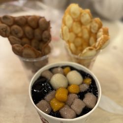 Meet Fresh - Chocolate egg waffles, original egg waffles and grass jelly Hot Grass Jelly Soup with Mini Taro Balls with sesame ball