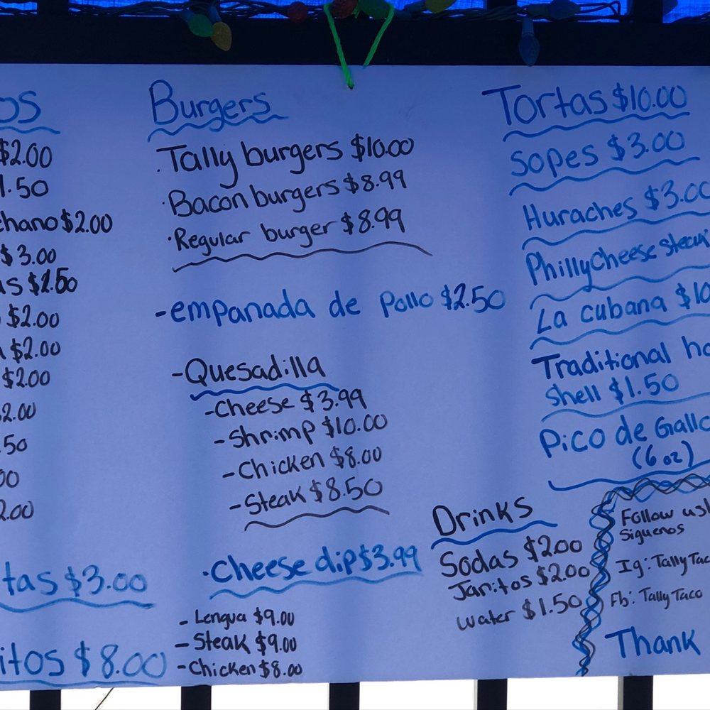 Tally Taco - One menu picture isn't enough. - Food Trucks Near Me - Tallahassee, Florida Tally Taco - One menu picture isn't enough. - Food Trucks Near Me - Tallahassee, Florida