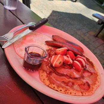 Miracle Mile Cafe - My sons cinnamon  pancake topped with fresh fruit, he loved it - Breakfast & Brunch Near Me - San Rafael, California
