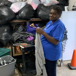 Sarah working on donations