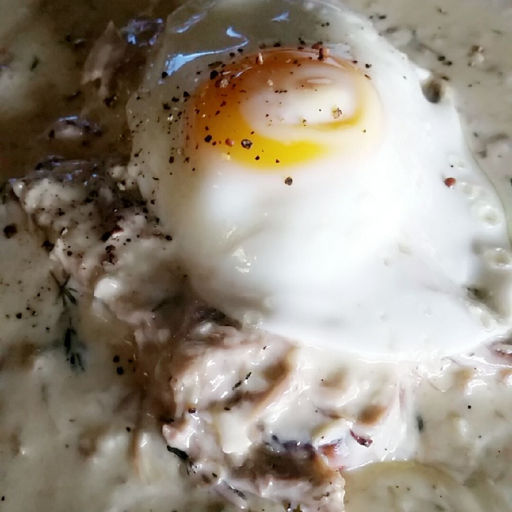 Duck Confit with a creamy thyme sauce, topped with a fried egg... So delish!