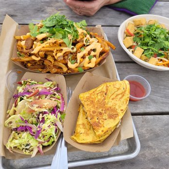 Parts&Labor - Brussel sprouts salad, roti eggplant, udon salad and Korean fries thing - Vegan Near Me - Durham, North Carolina Parts&Labor - Brussel sprouts salad, roti eggplant, udon salad and Korean fries thing - Vegan Near Me - Durham, North Carolina