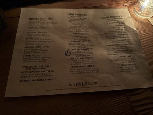 Menu photo 1 The Owls Club Tucson, AZ Menu photo 1 The Owls Club Tucson, AZ