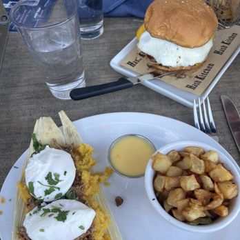 Hash Kitchen Arcadia - Top right is Nashville Hot chicken sandwich; bottom Cristina's Tamale Cak - Breakfast & Brunch Near Me - Phoenix, Arizona