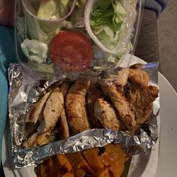 Mayflower Seafood Restaurant - Grilled chicken tenders, sweet potato with cinnamon, sugar and butter, salad with ranch dressing no croutons