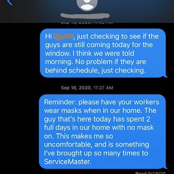 ServiceMaster Recovery Services - my texts to the person that was supposed to be our project manager - no response. (personal info removed) - Damage Restoration Near Me - New Berlin, Wisconsin ServiceMaster Recovery Services - my texts to the person that was supposed to be our project manager - no response. (personal info removed) - Damage Restoration Near Me - New Berlin, Wisconsin