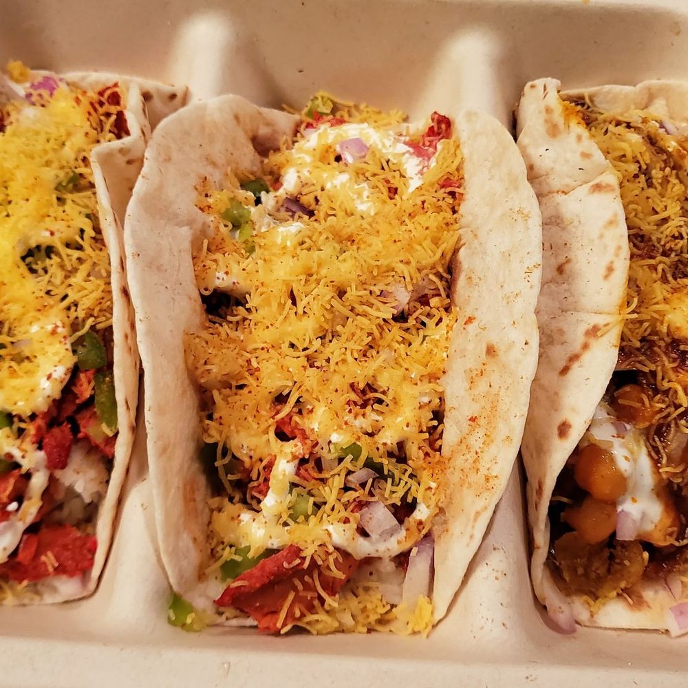 Moti Cafe - First 2, chicken Tikka tacos and the 3rd is the samosa chat taco - Indian Near Me - Glenview, Illinois Moti Cafe - First 2, chicken Tikka tacos and the 3rd is the samosa chat taco - Indian Near Me - Glenview, Illinois