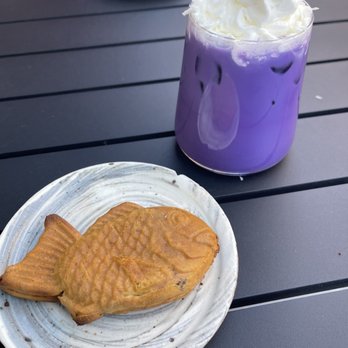 Ceremony - Ube Latte with oat milk, shredded coconut and whipped cream, Taiyaki (I think it was red bean) - Tea Rooms Near Me - Providence, Rhode Island