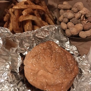Five Guys - Single hamburger & Cajun fries. Can't forget the free peanuts! - Burgers Near Me - Houston, Texas