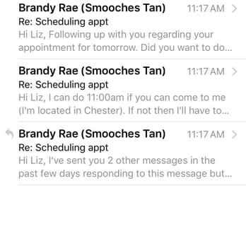 Smooches Organic Airbrush Tanning - Screenshot of the email communication with Brandy. All three emails came in at the same time. - Tanning Near Me