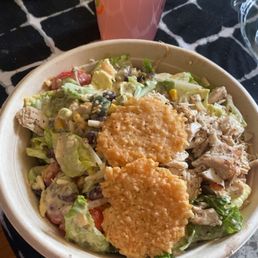 Southwest chicken salad, added sprouts, feta and kimchi with Parmesan cheese crisps and cucumber basil dressing.