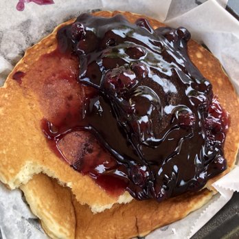 Cafe De Olla - "Blueberry compote" canned jelly blob photo doesn't even get the ratio of jelly to pancake. Terrible! Tasted like soap! - American Near Me - Burbank, California