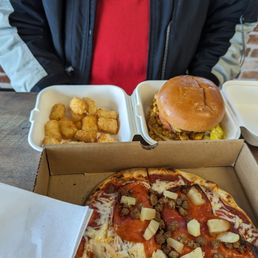 Chopped chicken burger w/ tater tots and 10 inch pizza with pineapple,pepperoni, ground beef