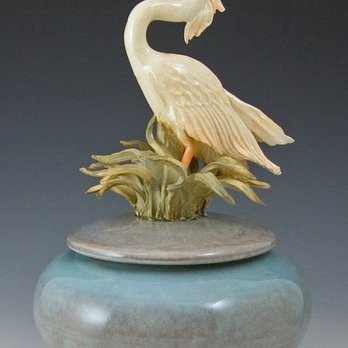 Bonnie Belt Studio - Heron Covered Jar-10"h - Art Galleries Near Me
