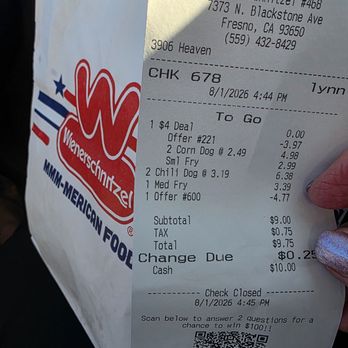 Wienerschnitzel - Proof we purchased before asking to open restroom - Hot Dogs Near Me - Fresno, California Wienerschnitzel - Proof we purchased before asking to open restroom - Hot Dogs Near Me - Fresno, California