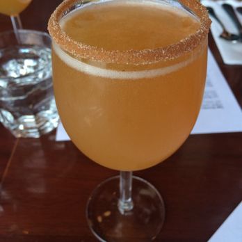 Bread and Ink Cafe - Apple Cider Mimosa with a Caramel sauce rim covered in cinnamon and sugar - Breakfast & Brunch Near Me - Portland, Oregon