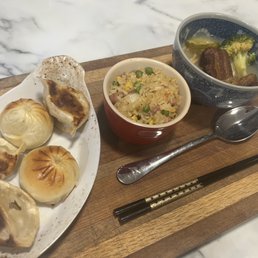 Pork Potstickers, Pork Water Fried Bao, Fried Rice, Pork Belly Noodle soup. People from Hawai'i call the noodle soup Saimin. Yum! Pork Potstickers, Pork Water Fried Bao, Fried Rice, Pork Belly Noodle soup. People from Hawai'i call the noodle soup Saimin. Yum!