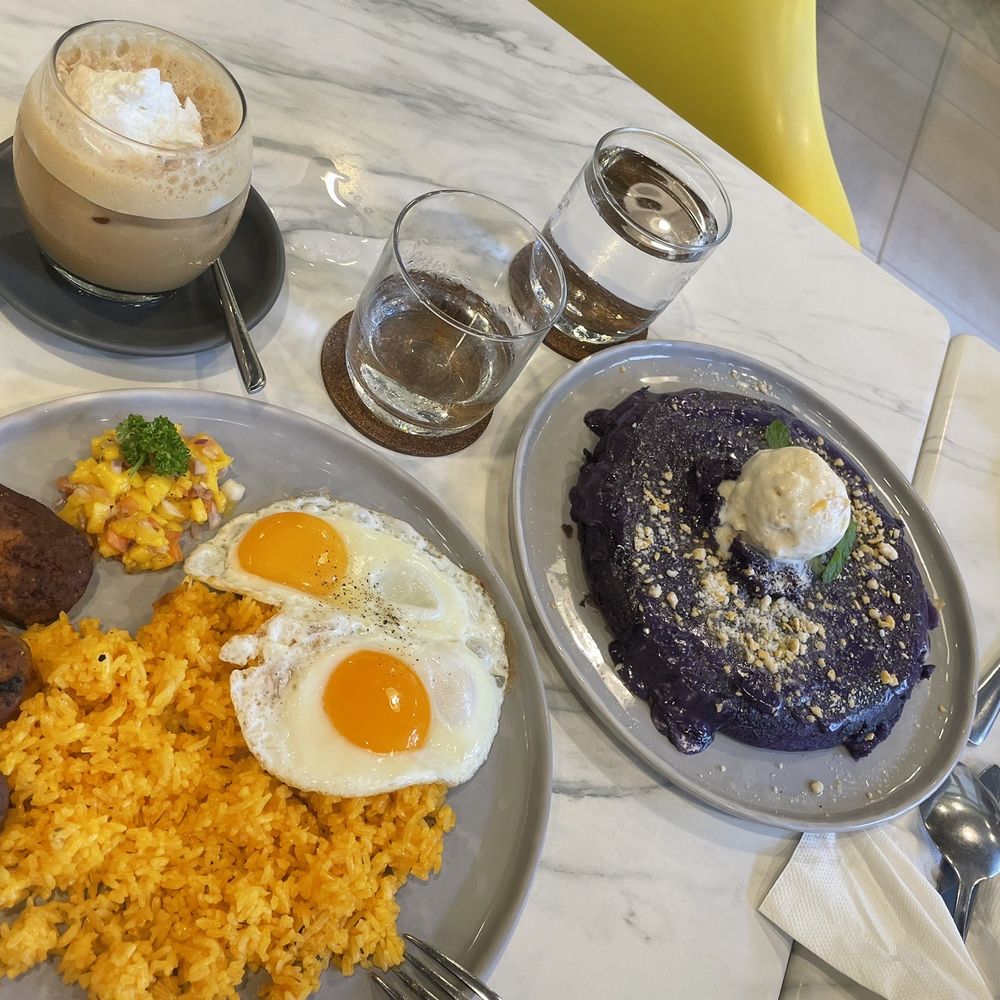 The spread! Chorizo with rice and mango atchara and ube pancakes The spread! Chorizo with rice and mango atchara and ube pancakes