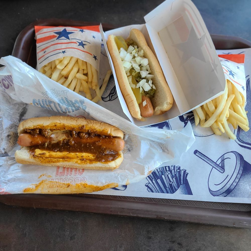 Wienerschnitzel - Me & my sister's lunch: Chili cheese dog and Chicago dogs with fries, very good. - Hot Dogs Near Me - San Antonio, Texas Wienerschnitzel - Me & my sister's lunch: Chili cheese dog and Chicago dogs with fries, very good. - Hot Dogs Near Me - San Antonio, Texas