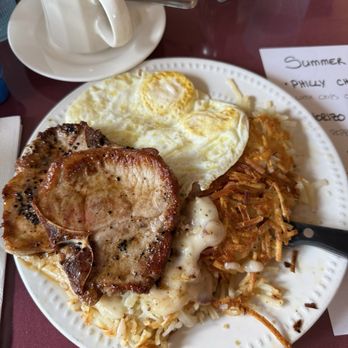 Cameo Cafe - 8. Pork Chops and Eggs with Hash Brown potatoes. - Breakfast & Brunch Near Me - Portland, Oregon