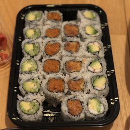 From left to right: Vegetable Roll, Spicy Salmon Roll, Spicy Tuna Roll, Shrimp Avocado Roll