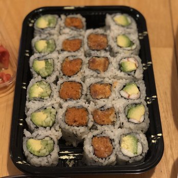 Yamato Sushi Steak House - From left to right: Vegetable Roll, Spicy Salmon Roll, Spicy Tuna Roll, Shrimp Avocado Roll - Sushi Bars Near Me - Union, Missouri