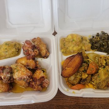 Seana's - Left: lunch garlic parm chicken wings and mashed potatoes Right: curry chicken meal with mashed potatoes and collard greens. - Caribbean Near Me - Orlando, Florida Seana's - Left: lunch garlic parm chicken wings and mashed potatoes Right: curry chicken meal with mashed potatoes and collard greens. - Caribbean Near Me - Orlando, Florida