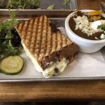 Long Nine Junction - Grilled cheese and black bean soup. I split the sandwich with a friend. The photo only show 1/2 of it! - New American Near Me - Springfield, Illinois