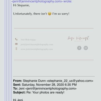 Jeni Vincent Photography - Email communication further outlining how unprofessional this photographer is - Event Photography Near Me Jeni Vincent Photography - Email communication further outlining how unprofessional this photographer is - Event Photography Near Me