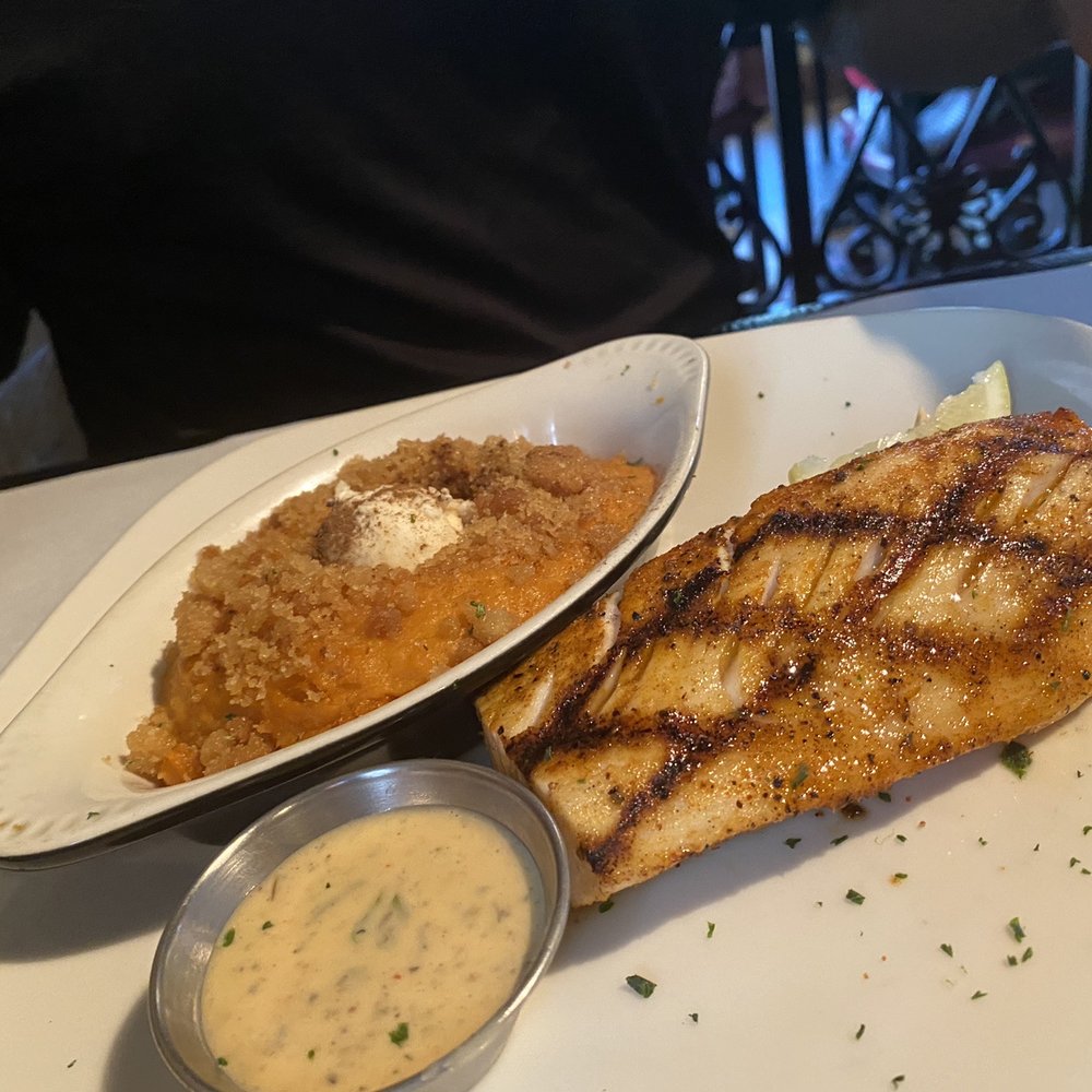 Half Shell Oyster House - Mahi with sweet potato soufflé. - Seafood Near Me - Biloxi, Mississippi Half Shell Oyster House - Mahi with sweet potato soufflé. - Seafood Near Me - Biloxi, Mississippi