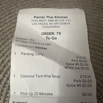 Peinto Thai Kitchen - Clearly says level #5 spice level only to get no spice and pretty bland - Thai Near Me - Las Vegas, Nevada