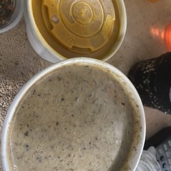 Loving Cafe - Large pistachio mushroom soup and small golden soup (with the lid on)