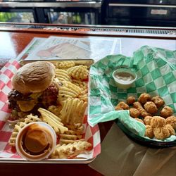 The Backyard BBQ - Backyard burger, fries, cheeseballs