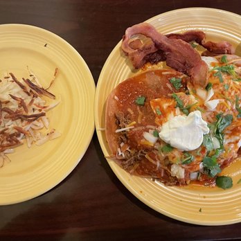 Blackbird Café - JUAN WAYNE - Corn tortillas topped w/ refried beans, barbacoa beef, eggs, ranchero sauce, cheese, onion, sour cream + sausage and bacon - Cafes Near Me - Long Beach, California Blackbird Café - JUAN WAYNE - Corn tortillas topped w/ refried beans, barbacoa beef, eggs, ranchero sauce, cheese, onion, sour cream + sausage and bacon - Cafes Near Me - Long Beach, California