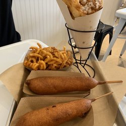Classic and spicy corn dogs w/ fries and funnel cake.