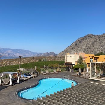 The Bear, The Fish, The Root & The Berry - The view from the restaurant overlooking the pool - Canadian (New) Near Me - Osoyoos, British Columbia The Bear, The Fish, The Root & The Berry - The view from the restaurant overlooking the pool - Canadian (New) Near Me - Osoyoos, British Columbia