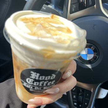 Hood Coffee - Carmel Iced with vanilla cold foam, one shot since I am sensitive to caffeine with almond milk. Delish! - Coffee & Tea Near Me - Orange, California