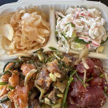 The Hibachi - Poke plate - pickled onions, crab salad, salmon in wasabi sauce, ahi in house garlic and celery marinade, ahi in ginger - Seafood Markets Near Me - Kailua, Hawaii The Hibachi - Poke plate - pickled onions, crab salad, salmon in wasabi sauce, ahi in house garlic and celery marinade, ahi in ginger - Seafood Markets Near Me - Kailua, Hawaii