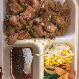 Soy sauce chicken, japchae noodles, pickled radish, fish cake, seaweed, corn. I ate first before the camera! Soy sauce chicken, japchae noodles, pickled radish, fish cake, seaweed, corn. I ate first before the camera!