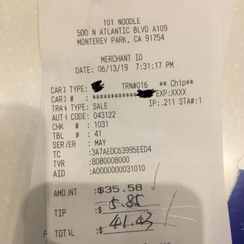 101 Noodle Express - When the check arrived, a 16.5% tip w/ total was already written in.  Da fuq? - Chinese Near Me - Alhambra, California