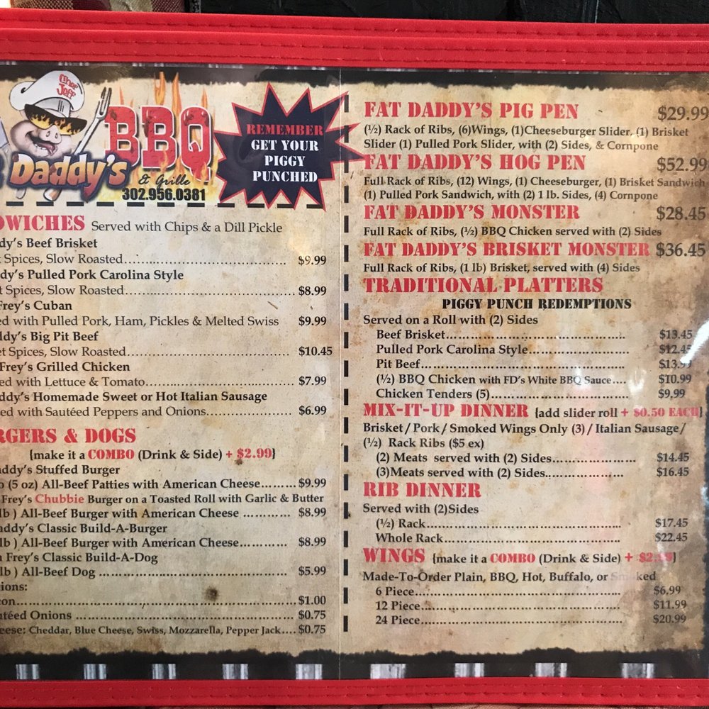 Fat Daddy's BBQ - Menu front 08-2017 - Barbeque Near Me - Georgetown, Delaware