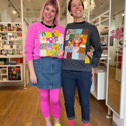 Tara Davis Studio Boutique - wearing our new sweatshirts (with vintage fabrics for mitchell's fabrics) by the extremely talented winnipeg north of fargo.