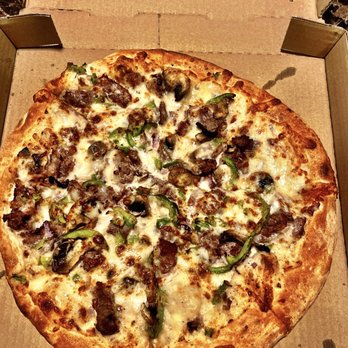 Olive Oil's Pizzeria - Philly Cheesesteak pizza with green peppers, red onions, mushrooms, and Alfredo sauce. - Pizza Near Me - Garland, Texas Olive Oil's Pizzeria - Philly Cheesesteak pizza with green peppers, red onions, mushrooms, and Alfredo sauce. - Pizza Near Me - Garland, Texas