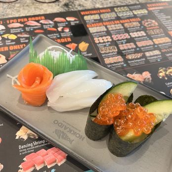 Hokkaido Revolving Sushi - Ikura sushi, squid sashimi and salmon sashimi - Sushi Bars Near Me - Columbus, Ohio Hokkaido Revolving Sushi - Ikura sushi, squid sashimi and salmon sashimi - Sushi Bars Near Me - Columbus, Ohio
