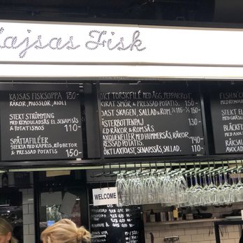 Kajsas Fisk - Menu, there's an English menu, but it's hidden by the line of people - Seafood Near Me - Stockholm, Alberta Kajsas Fisk - Menu, there's an English menu, but it's hidden by the line of people - Seafood Near Me - Stockholm, Alberta