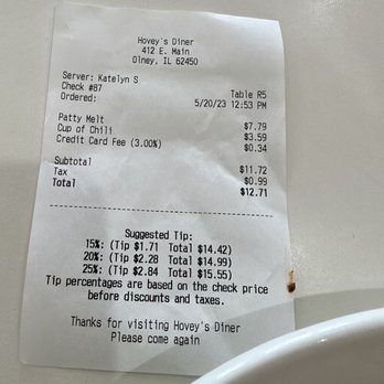 Hovey's Diner - I never intended to pay with card, nor was I asked how I was going to pay. - Diners Near Me - Olney, Illinois Hovey's Diner - I never intended to pay with card, nor was I asked how I was going to pay. - Diners Near Me - Olney, Illinois