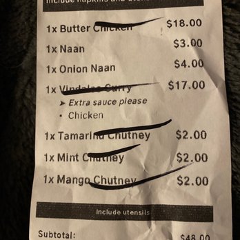 Salt and Pepper Indian Cuisine - Receipt showing what we didn't receive and obviously didn't order medium spicy Butter chicken. - Indian Near Me - High Point, North Carolina